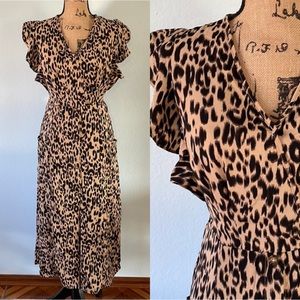 Leopard Button Front Midi Dress with Ruffle Trim